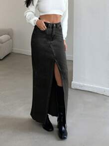 EURMUSE Váy Denim Nữ Có Khe Bên Hông - màu đen - Xem 7