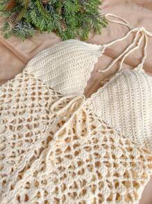 Soleia Women's Hollow Out Halter Knitted Top For Vacation - Beige - View 4