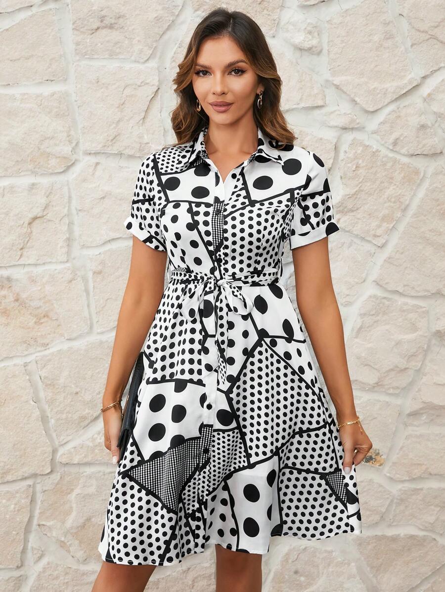 SHEIN Clasi Women's Polka Dot Short Sleeve Shirt Dress - Multicolor - View 1