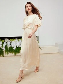 MOTF PREMIUM SILK SNAKESKIN JACQUARD FLARE SLEEVE TWIST FRONT DRESS - Apricot - View 5