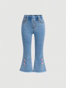 SHEIN Young Girls' High Elasticity Embroidery Flared Jeans, And Cute - Light Wash - View 1