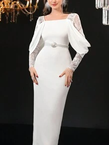 Modelyn Vestido De Encaje Con Parche Estrecho Para Mujer - Blanco - Ver 4