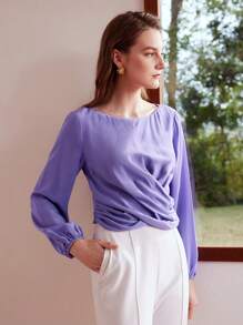 MOTF PREMIUM SILK BOAT NECK LANTERN SLEEVE CROSS WRAP BLOUSE - Purple - View 10
