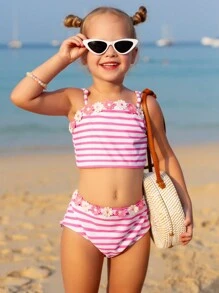 年轻女孩条纹细肩带比基尼套装，配有 3d 花朵装饰，适合夏季海滩 - 粉色 - 查看 1