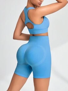 Easithlete Căng cao Liền mạch Của phụ nữ Quần áo thể thao Bộ - Màu xanh lam - Xem 3