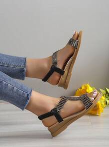 Summer Comfortable Fairy Style High Heel Wedge Sandals With Thick Bottom, Rhinestone Decor, Open Toe, And Roman Style Valentines - Black - View 9