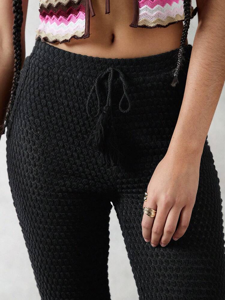 Ladies Solid Color Flared Pants With Texture