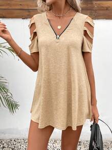 SHEIN LUNE Women T-Shirts Memotong Zip Plain Casual - Khaki - View 4