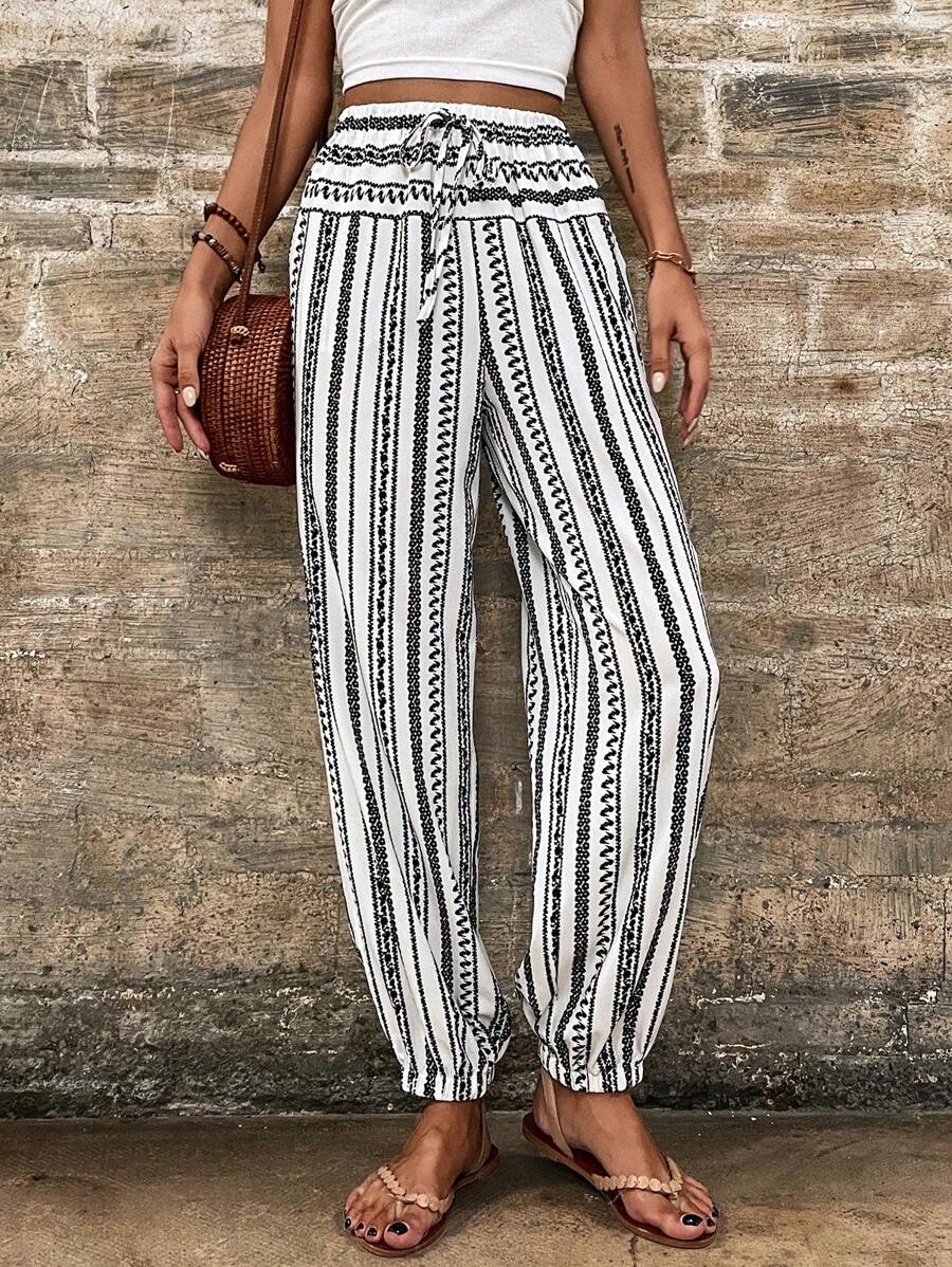 SHEIN VCAY Full Patterned Slanted Pocket Trouser - Black and White - View 1
