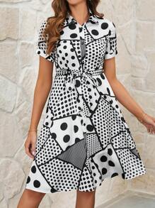 SHEIN Clasi Women's Polka Dot Short Sleeve Shirt Dress - Multicolor - View 4