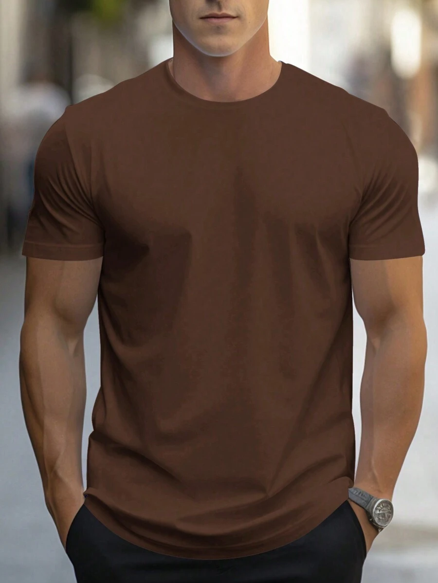 Manfinity Homme Nam màu trơn Vòng cổ Ngắn tay Giải trí Áo thun - Cà phê nâu - Xem 1