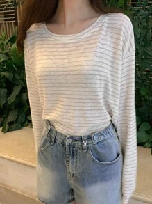 DAZY Của phụ nữ Lỏng lẻo phù hợp Thả vai Sọc Áo thun Với Khối màu Thiết kế - Màu Khaki - Xem 6