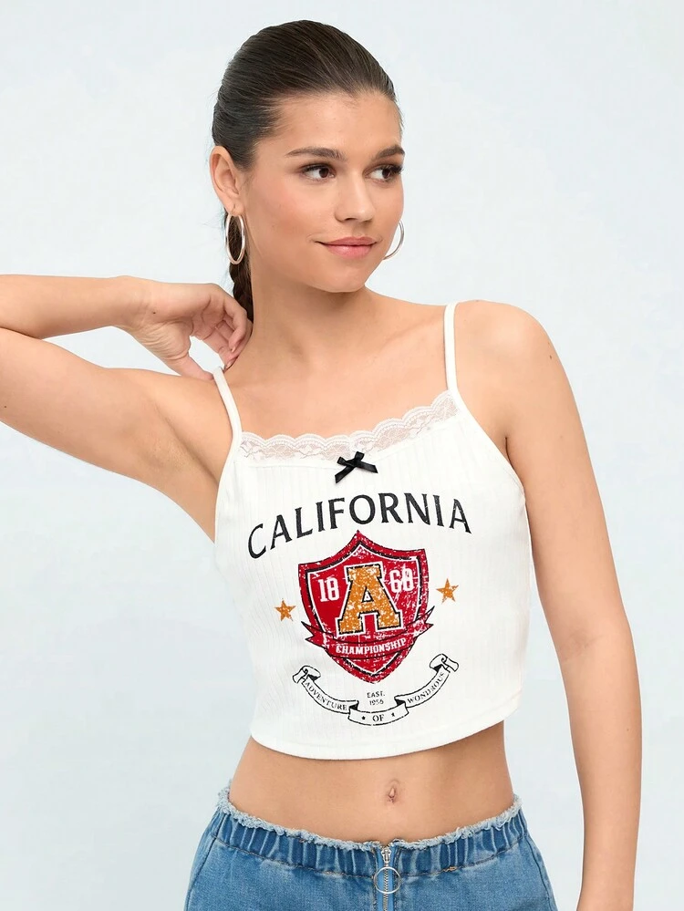 Women's Splice Lace Letter Print Camisole Tank Top