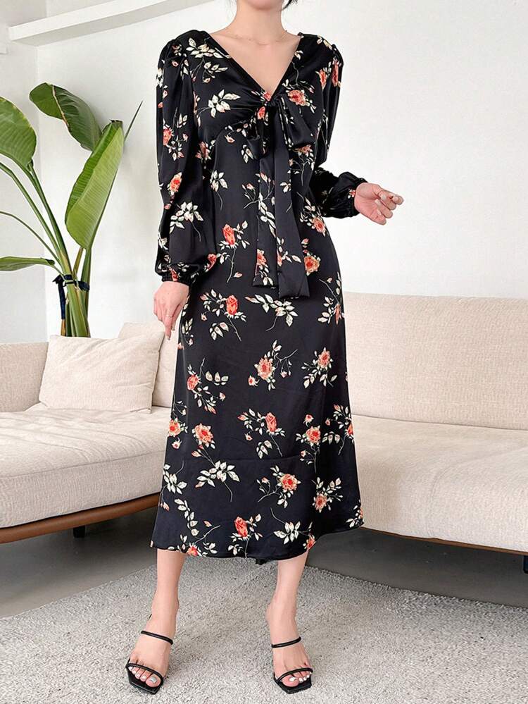 Floral Print Lantern Sleeve Women's Dress,Ruffle,Fall Dress Long Sleeve Dress Vacation Outfits Women Boho