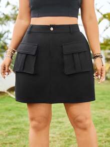 SHEIN EZwear Plus Size Workwear Style Knit Elastic Waist Skirt With Covered Pockets - Black - View 2