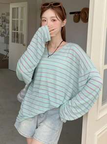 DAZY Women's Striped Drop Shoulder Loose Fit T-Shirt Linen
