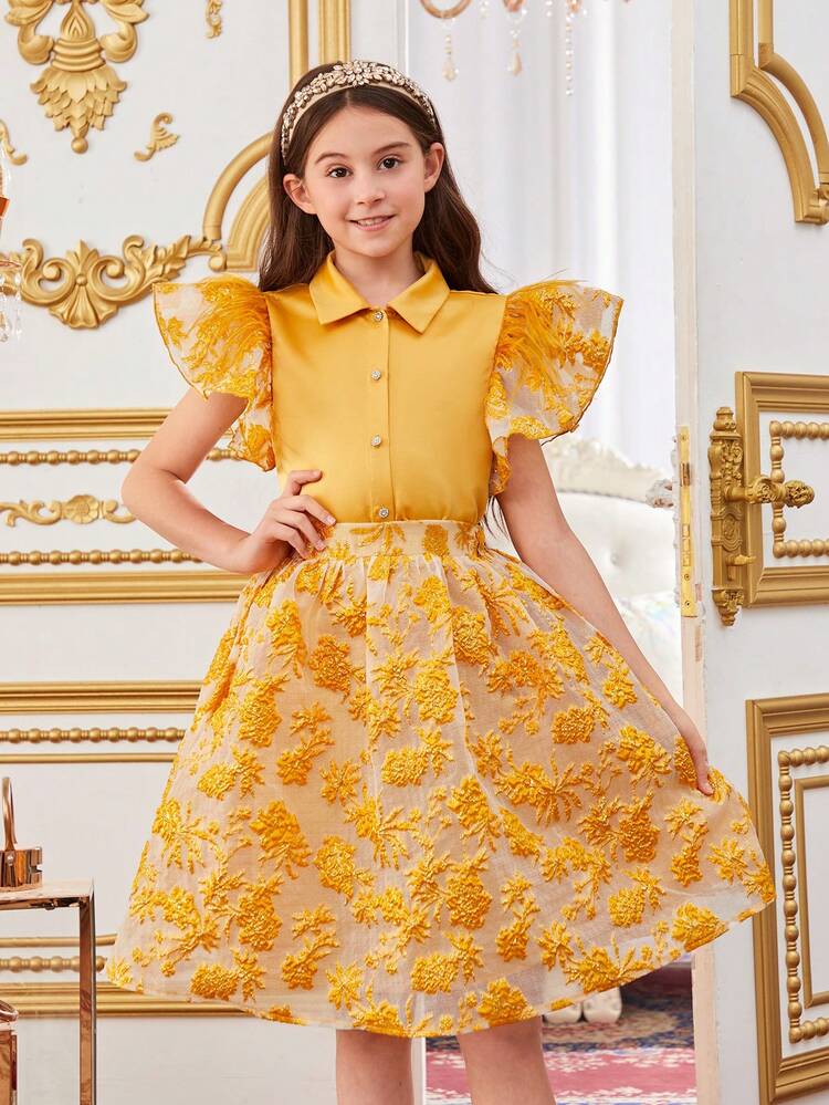 Tween Girls' Cute Jacquard Patchwork Cap Sleeve Shirt And Skirt Set