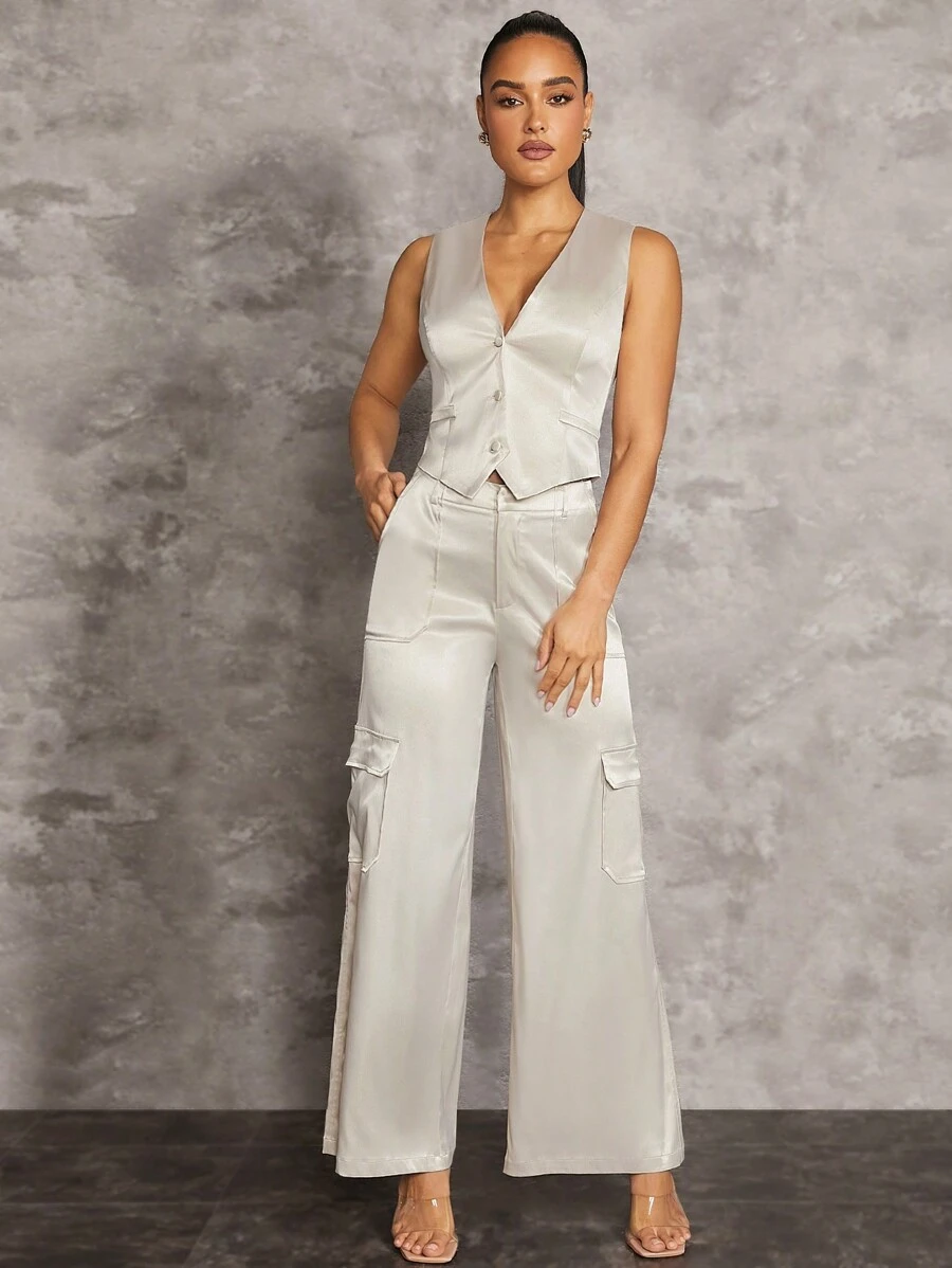 Silquee Màu Quả mơ Xa ten Cổ chữ V sâu Gợi cảm Co giãn Của phụ nữ Áo vest - Màu be - Xem 1