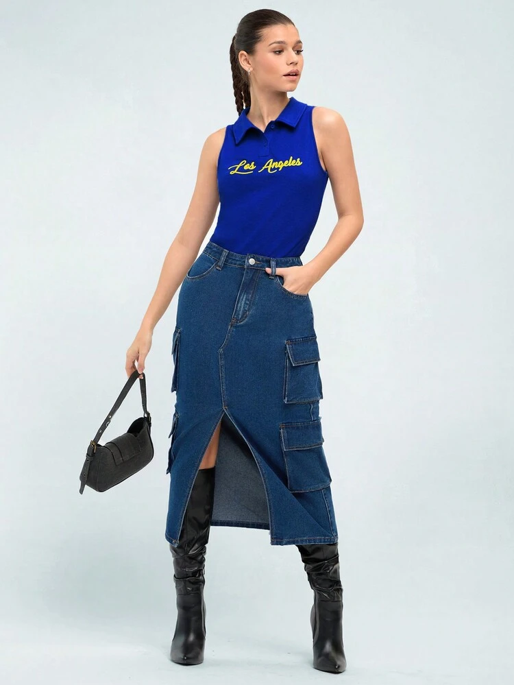 Collared Tank Top With Letter Print, Casual Style