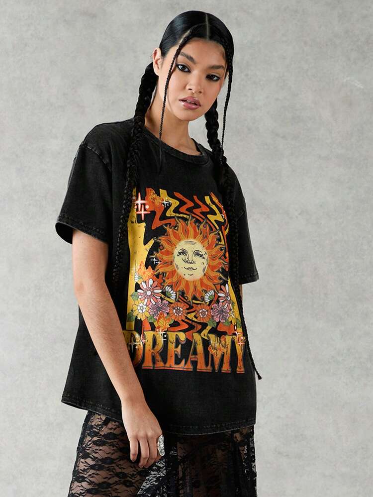 Sunflower & Letter Print Drop Shoulder T-Shirt