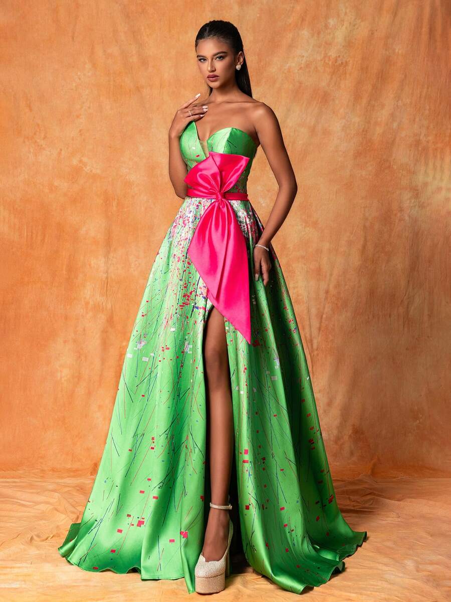 Colorblock Bow Decor Bustier Waist Cut-Out Elegant Evening Gown Formal Prom Wedding Guest Dress, For Graduation, Dinner - Green - View 1