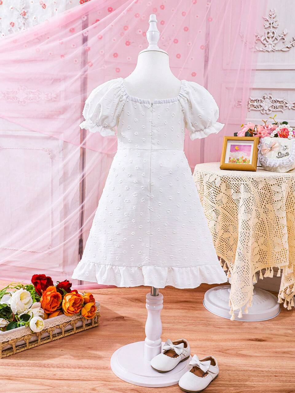 Young Girl Solid Color Woven Sweet Pleated Puff Sleeve Square Neck One-Piece Dress With Bubble Hem (3 Pieces Are Sold Separately)