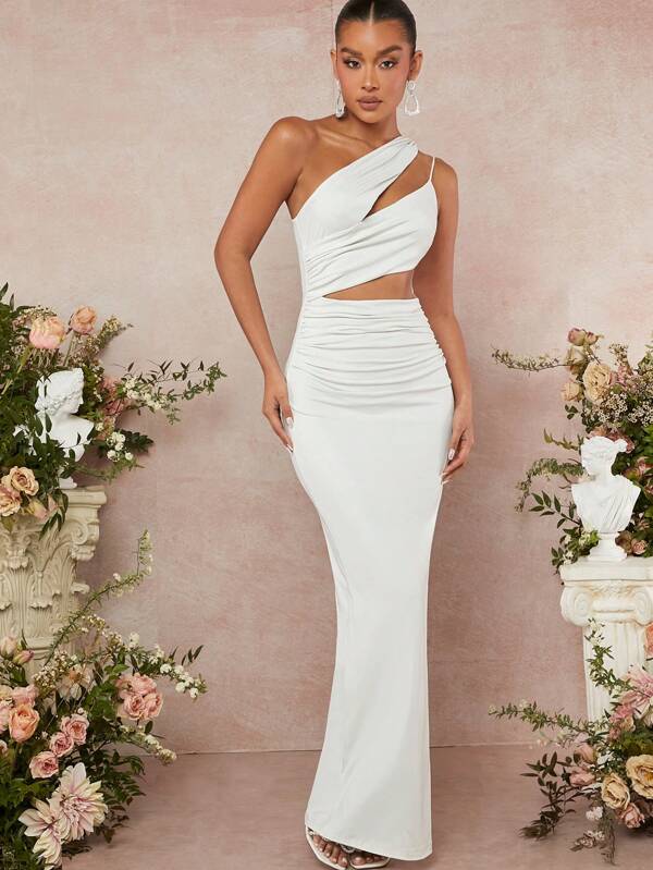 L'Amorae One Shoulder Cut Out Ruched Dress