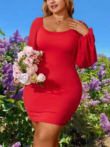 SHEIN Clasi Plus Size Solid Color Backless Pleated Self-Tie Lantern Sleeve Bodycon Dress - Red - View 4