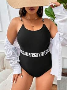 SHEIN Swim Curve Summer Beach Plus Size Geometric Print Round Neck One Piece Swimsuit - Black - View 5