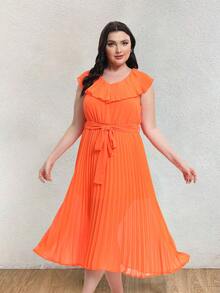 Plus Size Women's V-Neck Belted Pleated Dress With Ruffle Trim - Orange - View 5