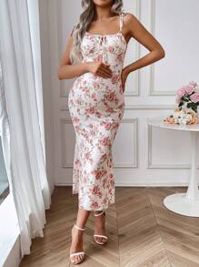 SHEIN 孕妇印花系带修身优雅吊带裙，适合度假 - 彩色 - 查看 4