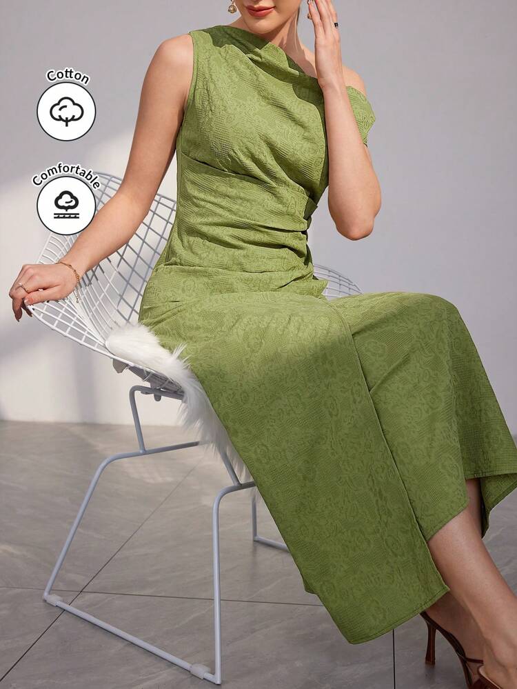 Women's Green Floral Pattern Texture Sloping Shoulders Wrap Dress