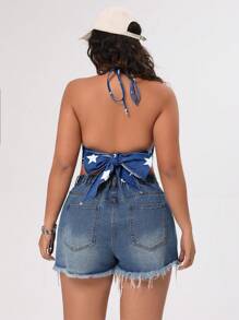 SHEIN ICON Plus Size Denim Halter Top With Star Print - Blue - View 5