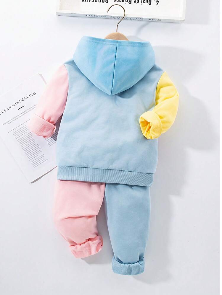 2pcs/Set Young Boy Casual Hoodie With Color Block & Elastic Cuff Sweatpants, Thermal Lined , Thickened