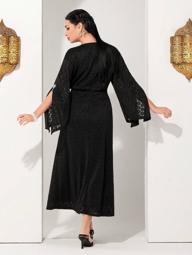 Fitted Split Sleeve Waist Cinched Dress Long Evening Dresses