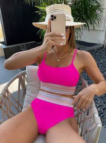 SHEIN Swim Summer Beach Colorblock Bikini Set Contrast Trim Cami Top & High Waist Bikini 2-Piece Bikini Set - Hot Pink - View 1