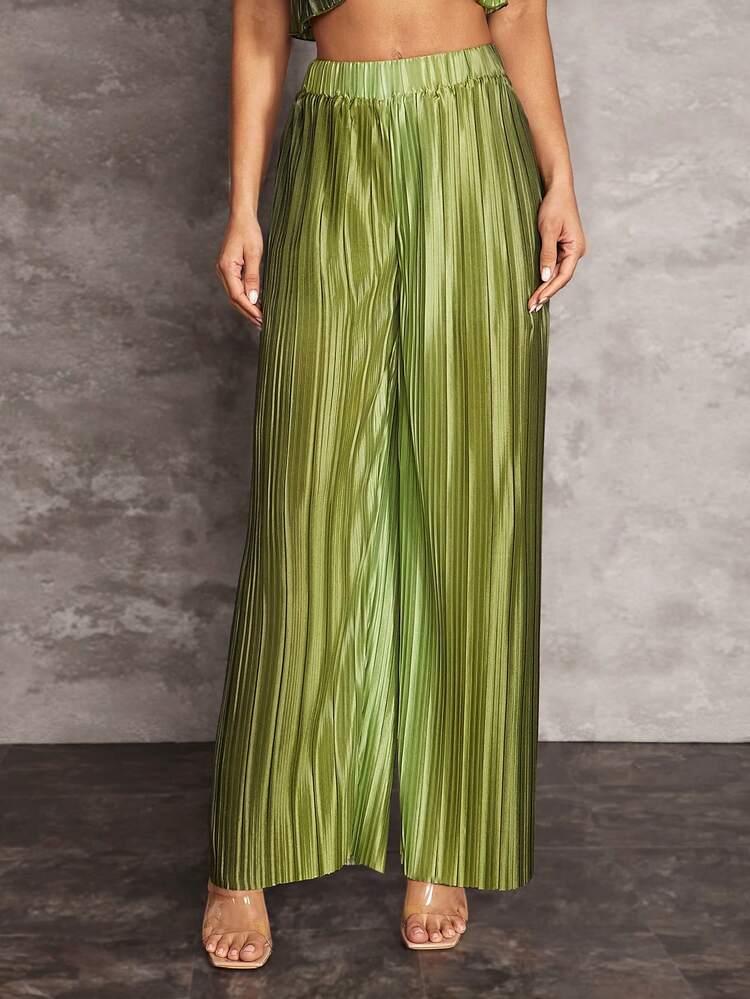 Spring And Summer Holiday Green Gradient Gathered Pleated Elastic Waistband Women's Wide-Leg Trousers