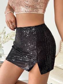SHEIN Allurite Falda Mini Con Brillo Y Abertura Alta - Negro - Ver 6