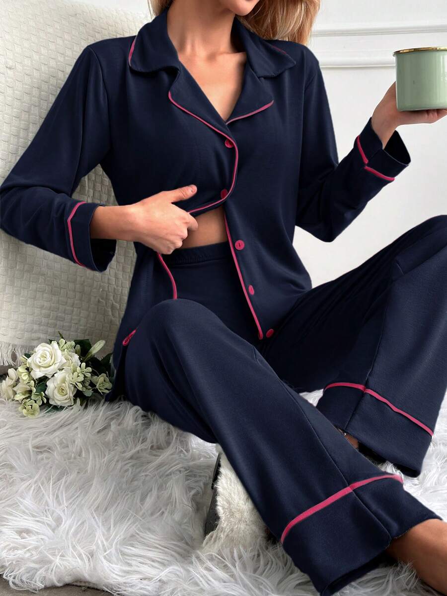 RueChic Conjunto De Pijama De Ropa De Hogar Para Mujeres Con Detalles De Ligadura