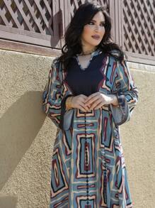 Al Najma Women's Loose Fit Printed Notched Collar Dress With Flared Sleeves, Modest Full Length Casual Jalabiya - Multicolor - View 1