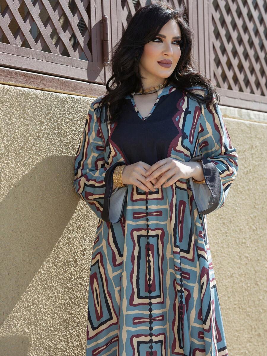 Al Najma Women's Loose Fit Printed Notched Collar Dress With Flared Sleeves, Modest Full Length Casual Jalabiya - Multicolor - View 1