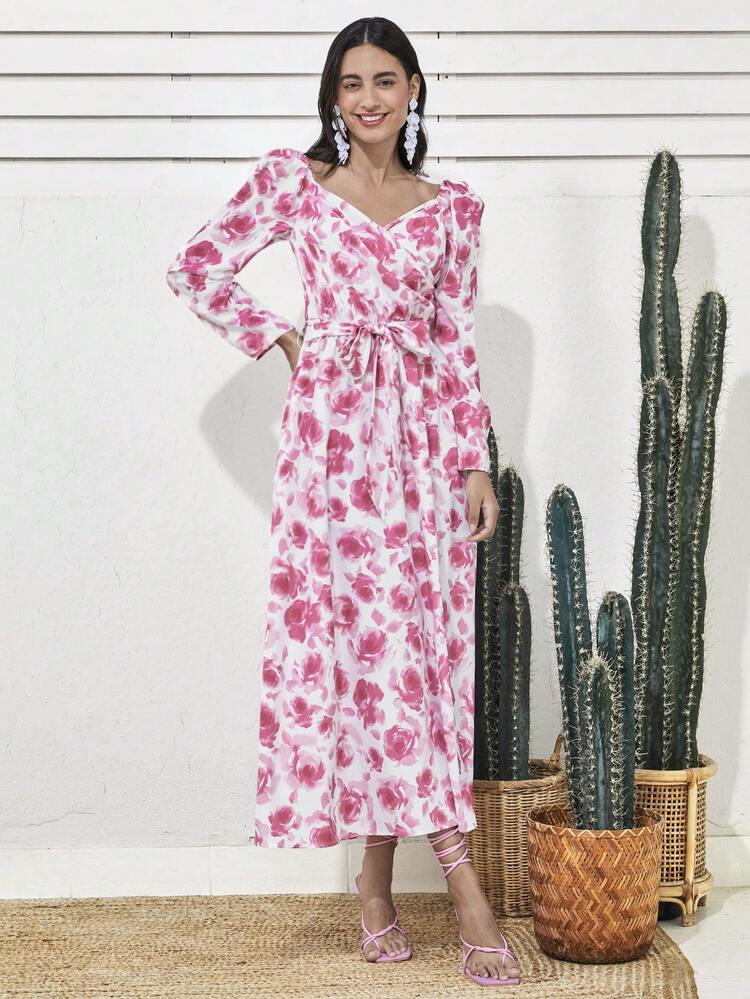 Women'S Floral Print Leg-Of-Mutton Sleeve Dress