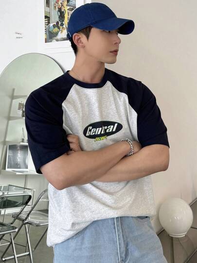 DAZY 男式返校撞色字母印花夏季棒球T恤、图案T恤