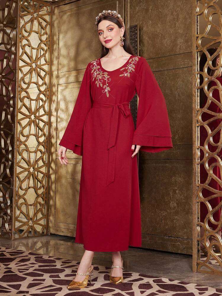 Women's Embroidered Bell Sleeve Jalabiya Dress, Elegant Luxury Evening Party Style