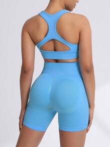 Easithlete Căng cao Liền mạch Của phụ nữ Quần áo thể thao Bộ - Màu xanh lam - Xem 2