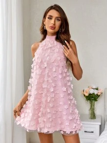 SHEIN Privé 花卉 3d 布料網狀掛脖連身裙 - 粉色 - 查看 4