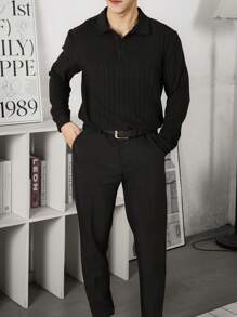 Manfinity Homme 男士純色麻花紋針織長袖套頭衫 - 黑色 - 查看 3