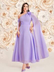 Modelyn Solid Color 3d Flowers Asymmetrical Neckline & Drawstring Waist Dress - Mauve Purple - View 6