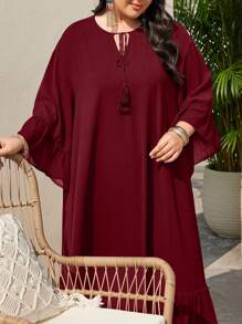 Mulvari Burgundy Red Plus Size Twist Collar Ruffle Trim Decorated Dress - Burgundy - View 7