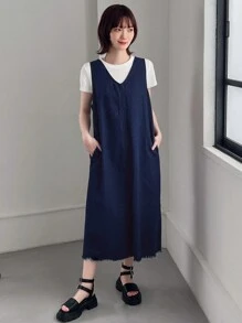 FRIFUL Double-Breasted Denim Sleeveless Dress With Front And Back Wearing Options And Multiple Pockets Sundress - Blue - View 2